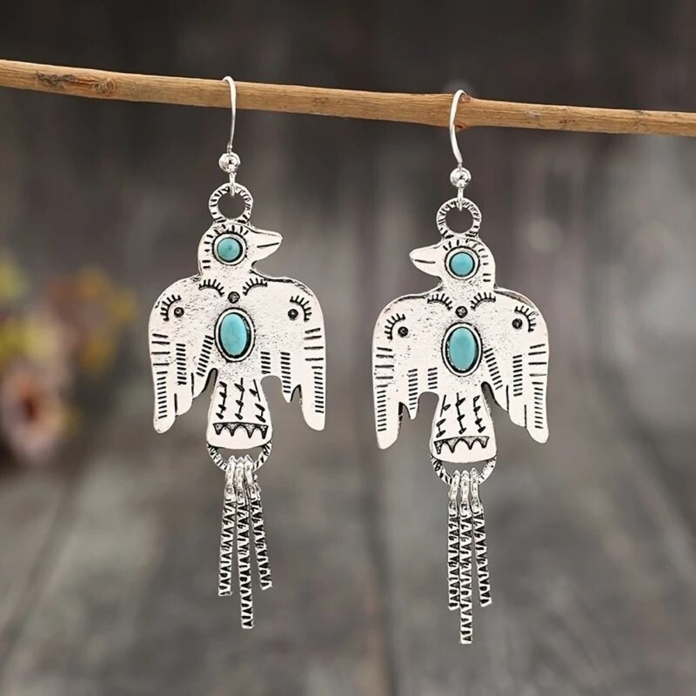 Silver Turquoise Eagle Drop Earrings Southwestern Thunderbird Dangle Fringe Boho